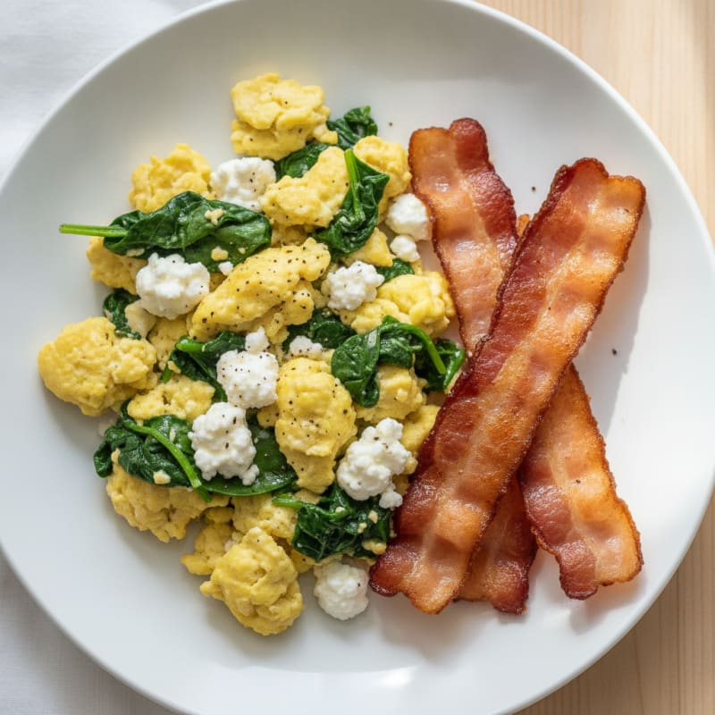 Cottage Cheese Egg Scramble with Spinach and Turkey Bacon