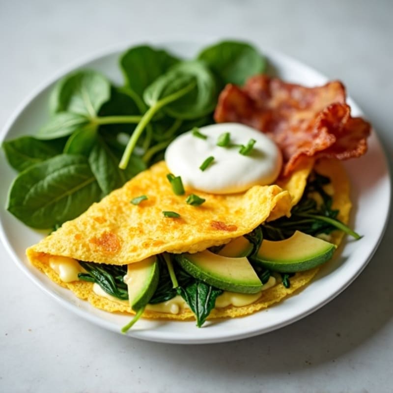 Egg White Spinach Omelette with Cottage Cheese and Turkey Bacon