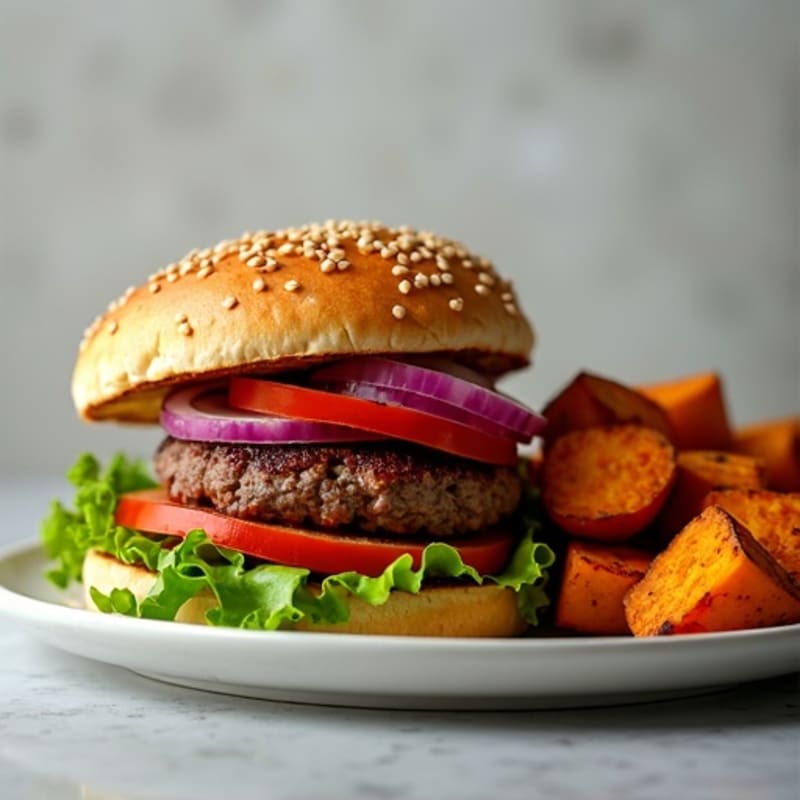 Grilled Lean Beef Burger with Roasted Sweet Potatoes