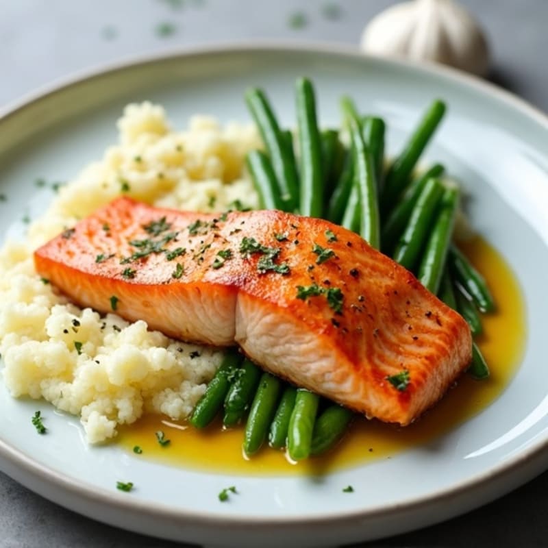 Seared Salmon with Garlic Green Beans and Cauliflower Mash
