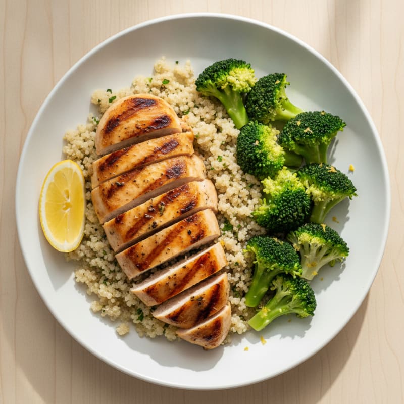 Grilled Lemon-Garlic Chicken Breast with Quinoa and Steamed Broccoli