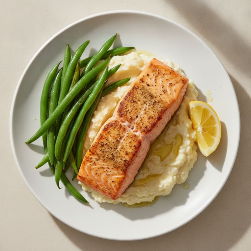 Seared Salmon Fillet with Steamed Green Beans and Garlic Mashed Cauliflower