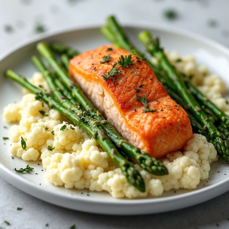 Seared Salmon with Steamed Asparagus and Cauliflower Mash