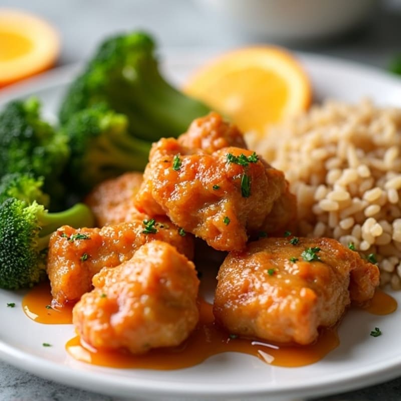 Crispy Orange Chicken with Roasted Broccoli and Brown Rice