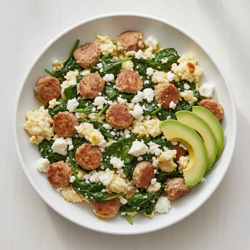 Egg White and Turkey Sausage Scramble with Spinach and Feta