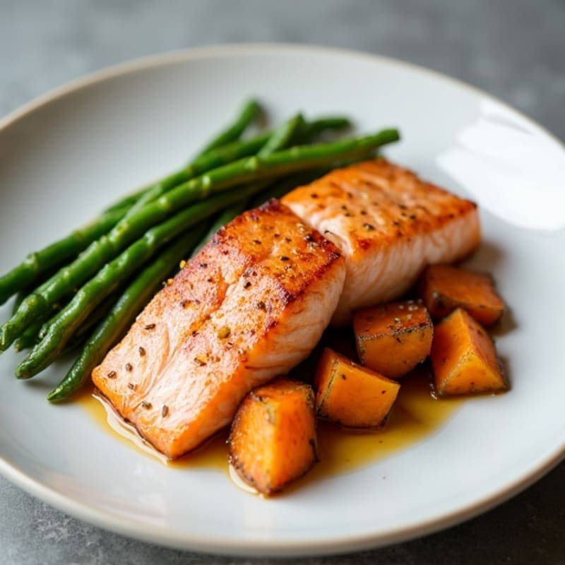 Seared Salmon Fillet with Roasted Sweet Potato and Garlic Green Beans