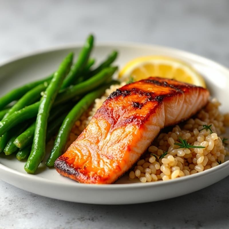 Seared Salmon with Steamed Green Beans and Brown Rice