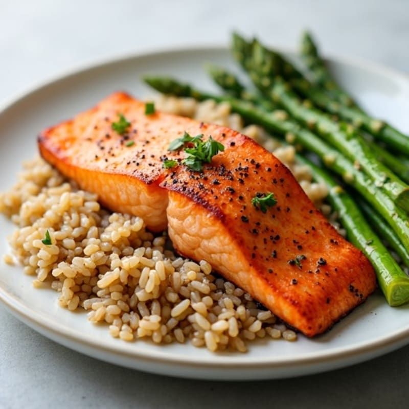 Seared Salmon Fillet with Steamed Brown Rice and Asparagus