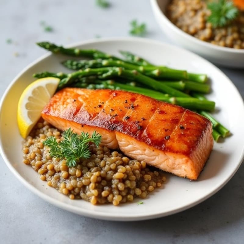 Seared Salmon Fillet with Steamed Asparagus and Lentil Mash