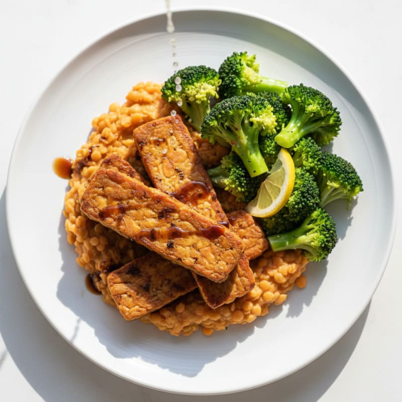 Grilled Tempeh with Steamed Broccoli and Lentil Mash