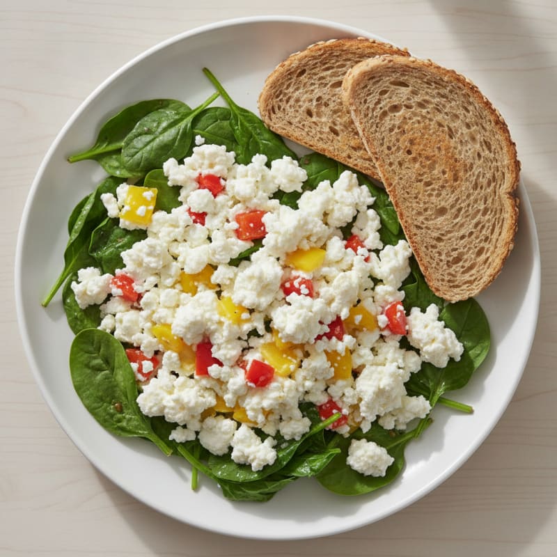 Egg White Veggie Scramble with Cottage Cheese and Sautéed Spinach