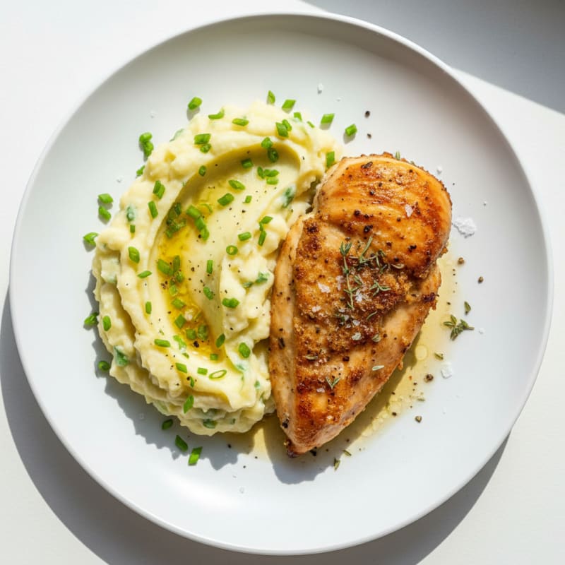 Garlic Mashed Potatoes with Chives and Herb-Roasted Chicken