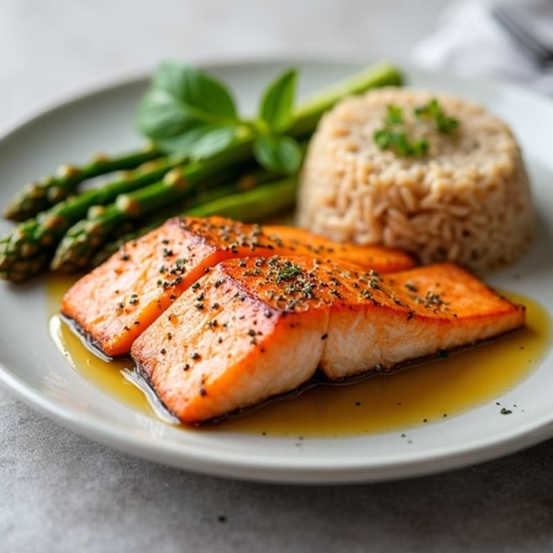 Seared Salmon with Steamed Asparagus and Brown Rice