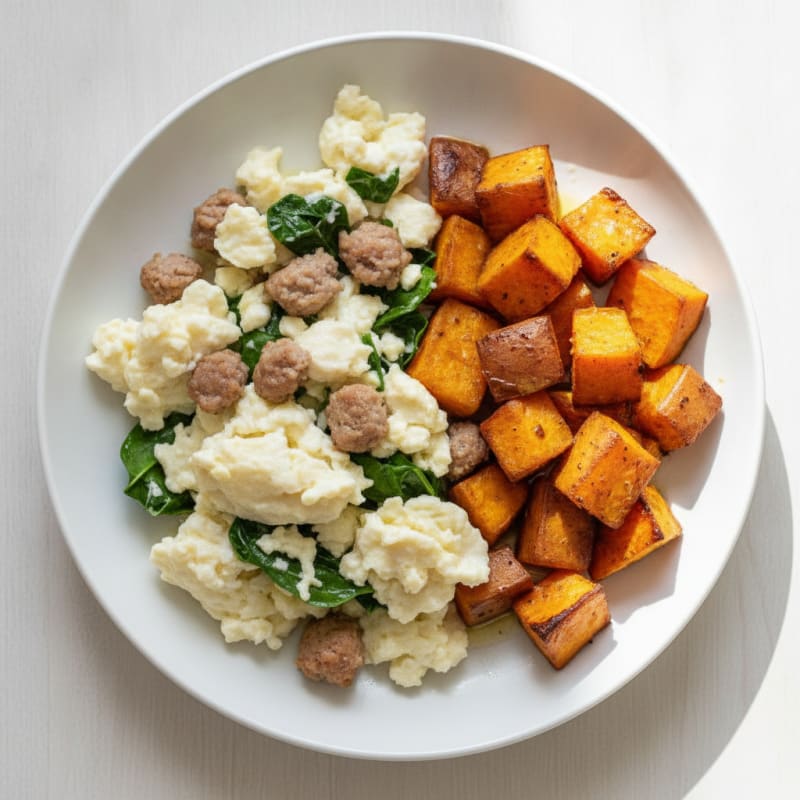 Egg White Scramble with Turkey Sausage and Roasted Sweet Potato
