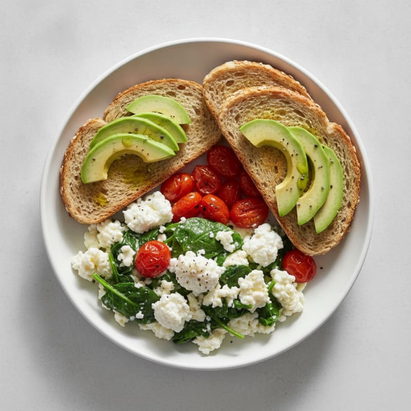 Egg White Spinach Scramble with Cottage Cheese and Cherry Tomatoes