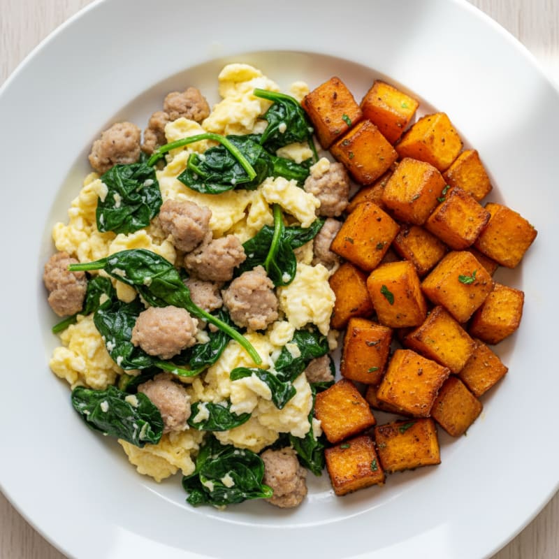 Egg White and Turkey Sausage Scramble with Spinach and Roasted Sweet Potato