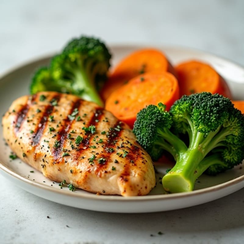 Juicy Garlic Herb Grilled Chicken with Roasted Broccoli and Sweet Potato