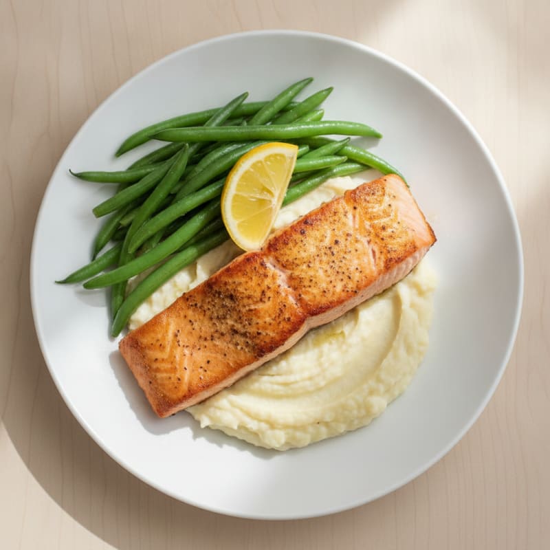 Seared Salmon with Steamed Green Beans and Garlic Mashed Cauliflower