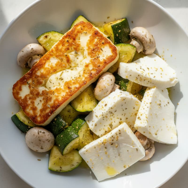 Grilled Halloumi with Herb-Marinated Zucchini and Mushrooms