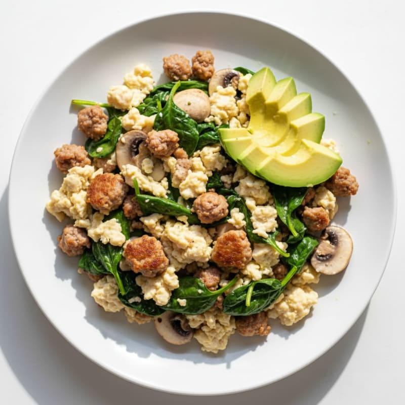 Egg White and Turkey Sausage Scramble with Spinach and Mushrooms