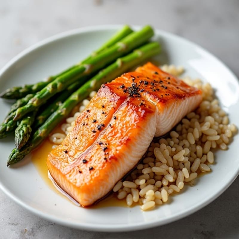 Seared Salmon with Steamed Asparagus and Brown Rice
