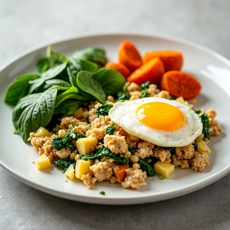 Egg White and Turkey Spinach Scramble with Sweet Potato Hash