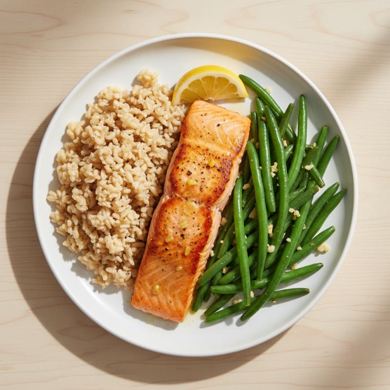 Seared Salmon with Garlic Green Beans and Brown Rice