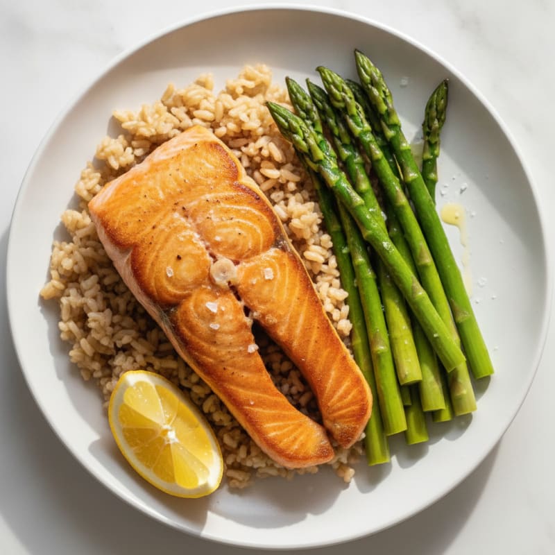 Seared Salmon with Steamed Asparagus and Brown Rice