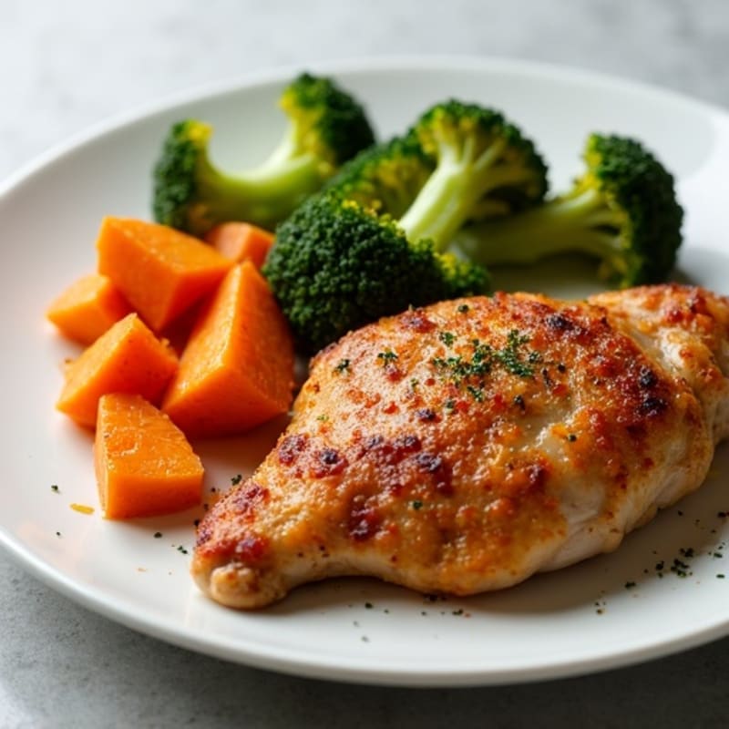 Crispy Baked Chicken Thighs with Roasted Sweet Potatoes and Broccoli