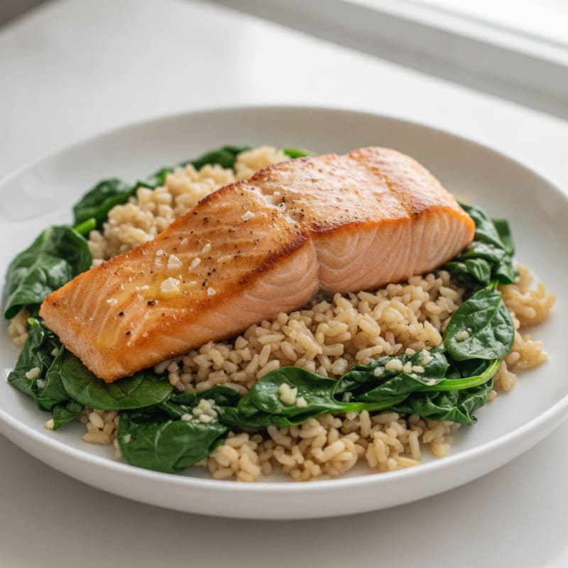 Seared Salmon Fillet with Garlic Spinach and Brown Rice