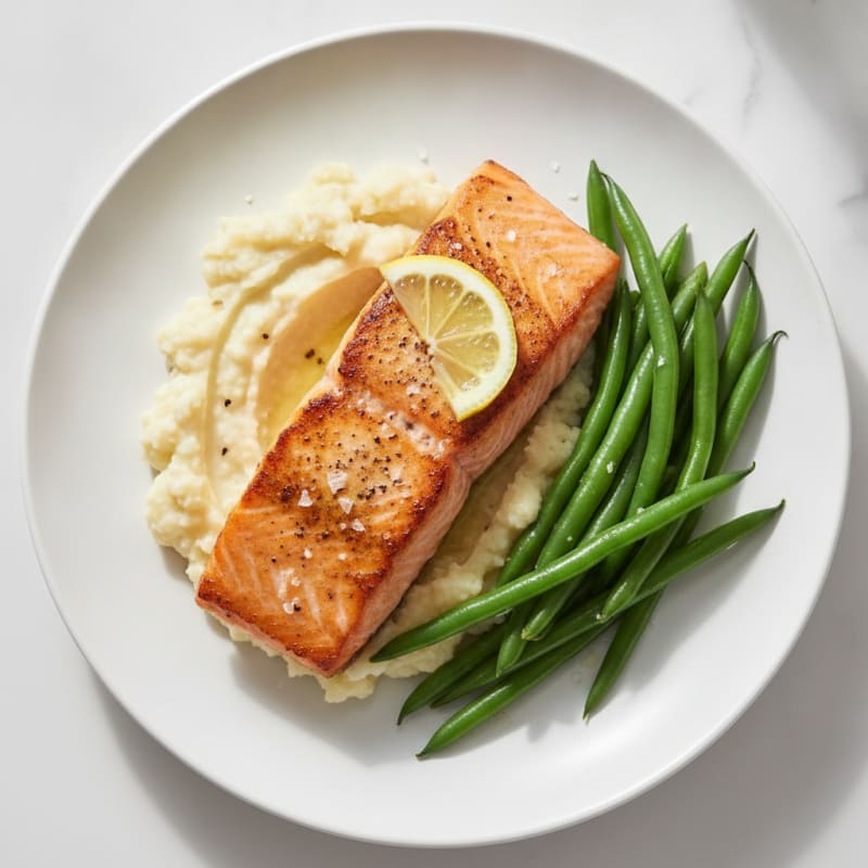 Seared Salmon Fillet with Steamed Green Beans and Garlic Mashed Cauliflower