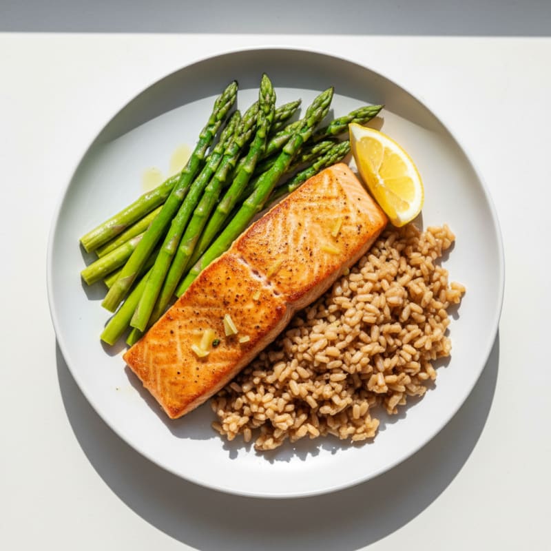 Seared Salmon with Steamed Asparagus and Brown Rice