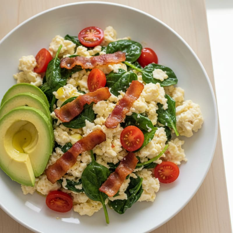 Crispy Turkey Bacon and Egg White Scramble with Spinach