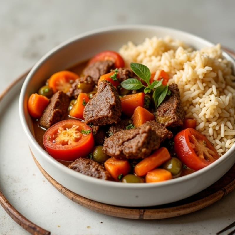 Slow-Cooked Beef and Vegetable Stew with Brown Rice