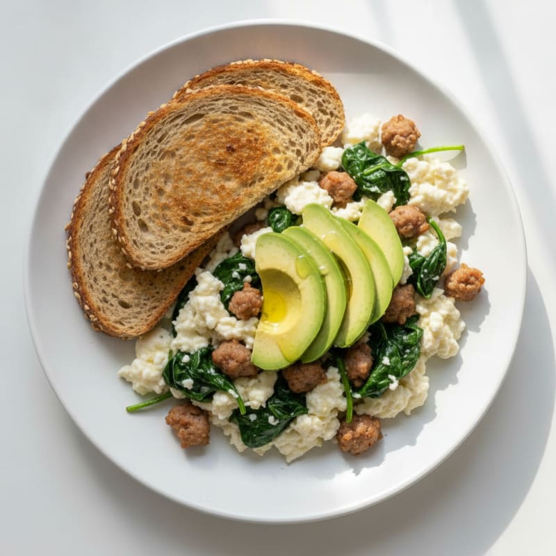 Egg White Spinach Scramble with Turkey Sausage
