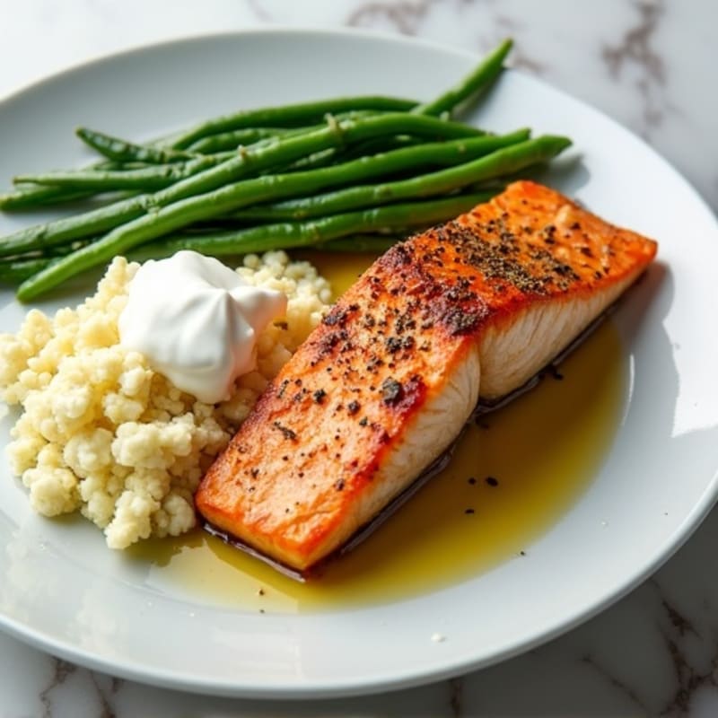 Seared Salmon with Garlic Green Beans and Mashed Cauliflower
