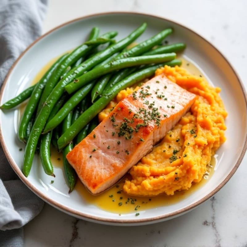 Seared Salmon with Garlic Green Beans and Mashed Sweet Potato