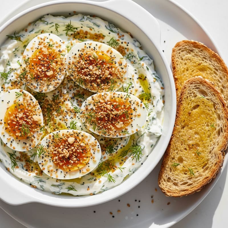 Creamy Dill Boiled Eggs with Everything Bagel Spice
