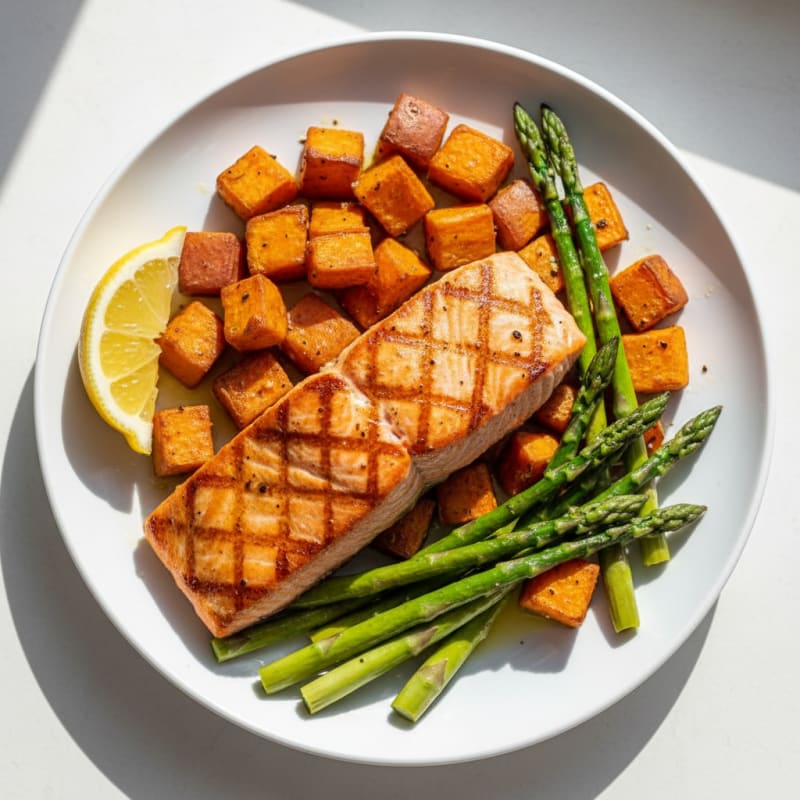 Seared Salmon with Roasted Sweet Potato and Asparagus