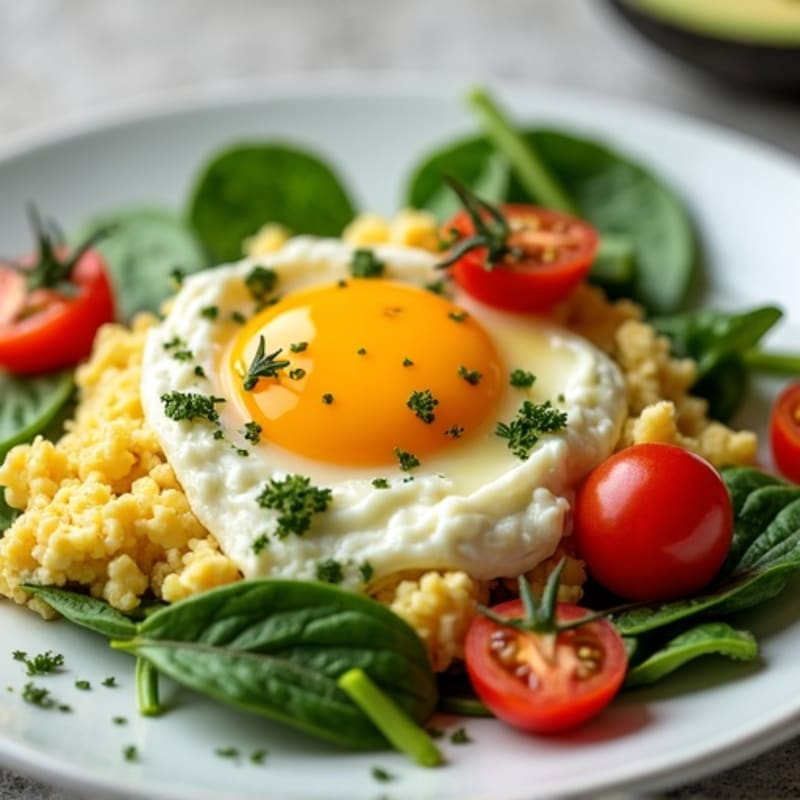 Cottage Cheese Egg Scramble with Spinach and Cherry Tomatoes