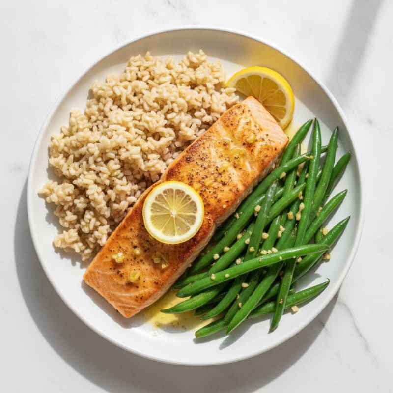 Seared Salmon Fillet with Garlic Green Beans and Brown Rice