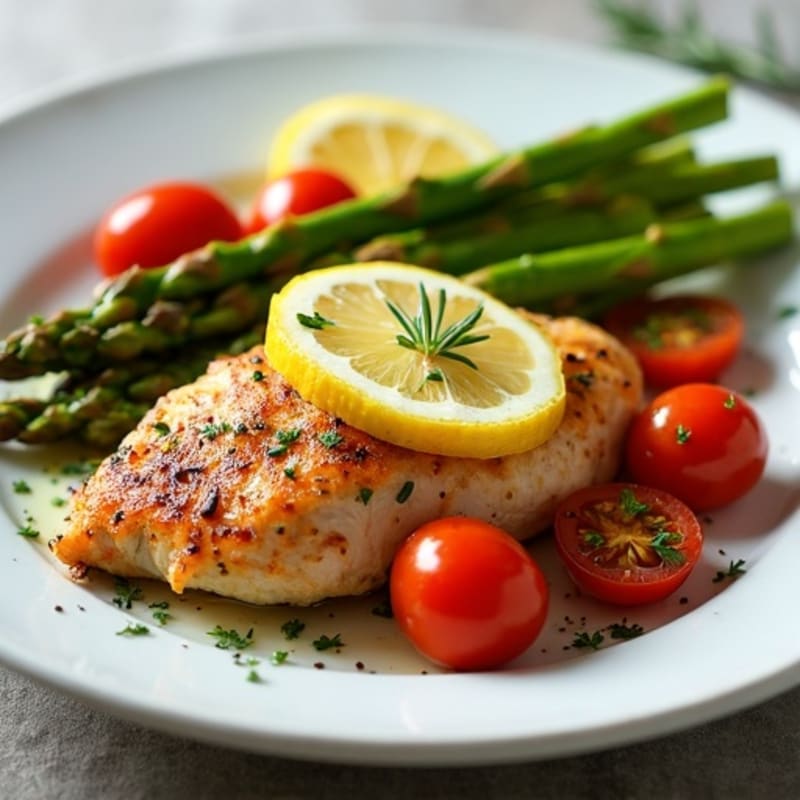 Crispy Lemon-Garlic Pan-Seared Chicken with Roasted Asparagus and Cherry Tomatoes