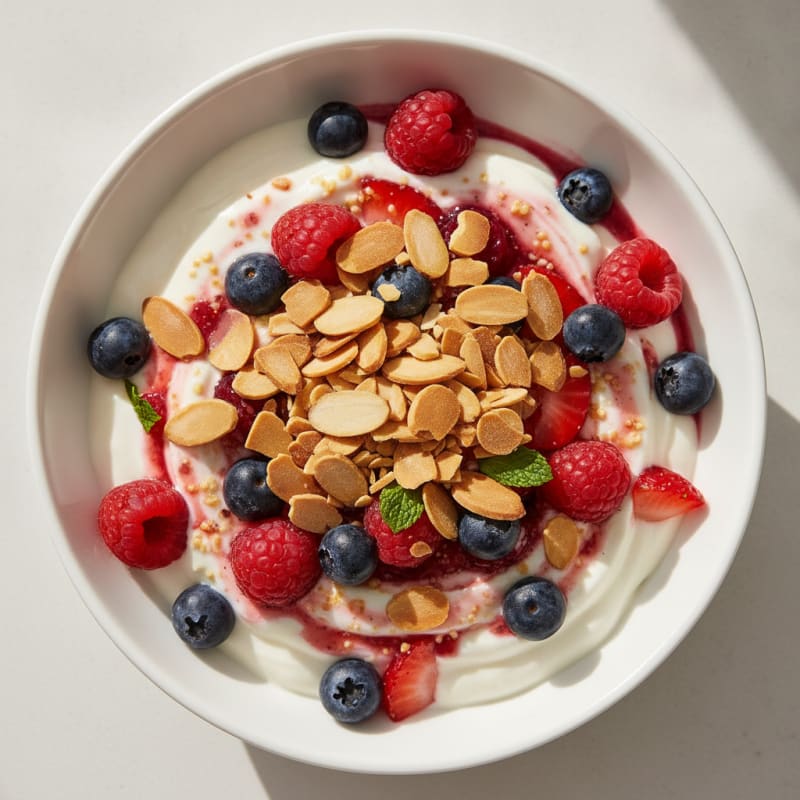 Greek Yogurt Protein Parfait with Mixed Berries and Almonds