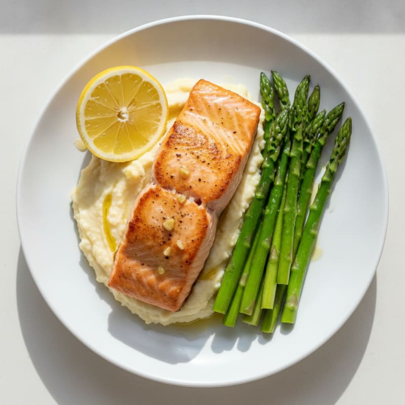 Seared Salmon Fillet with Steamed Asparagus and Cauliflower Mash