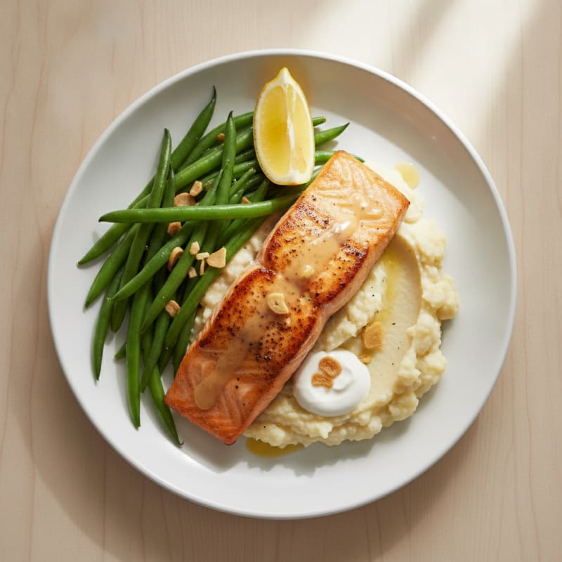 Seared Salmon with Steamed Green Beans and Garlic Cauliflower Mash