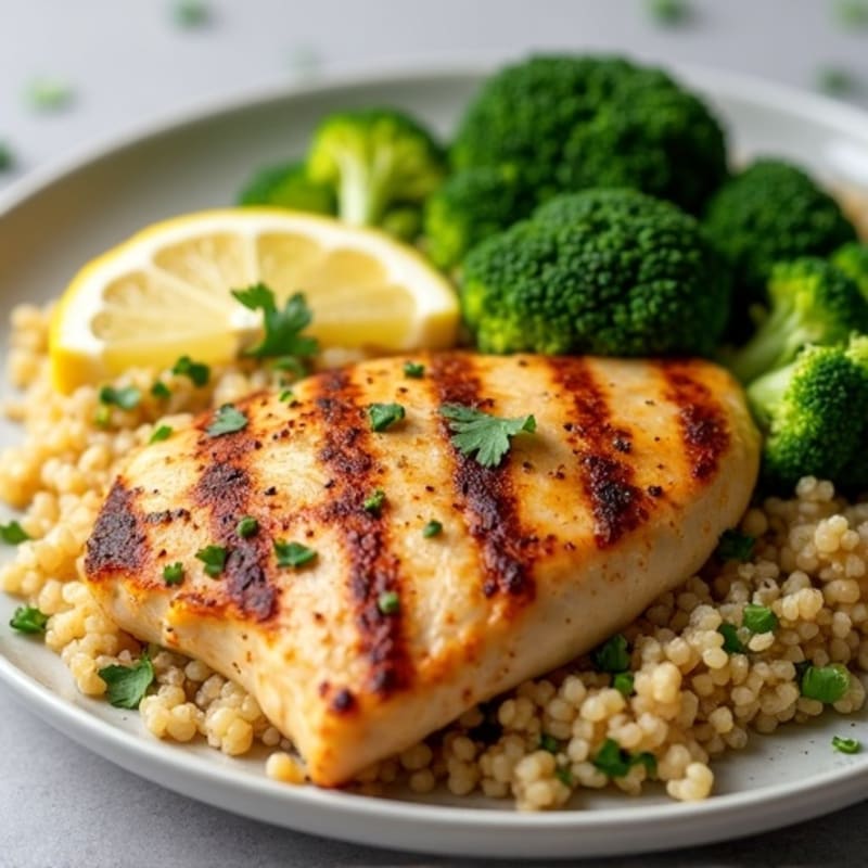 Grilled Lemon-Garlic Chicken Breast with Quinoa and Roasted Broccoli