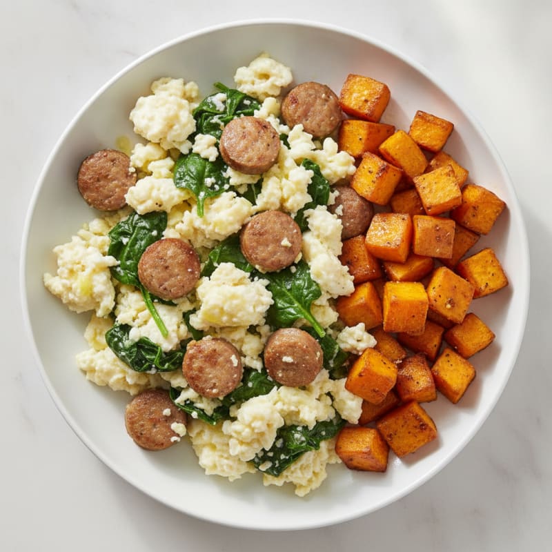 Egg White and Turkey Sausage Scramble with Spinach and Roasted Sweet Potato