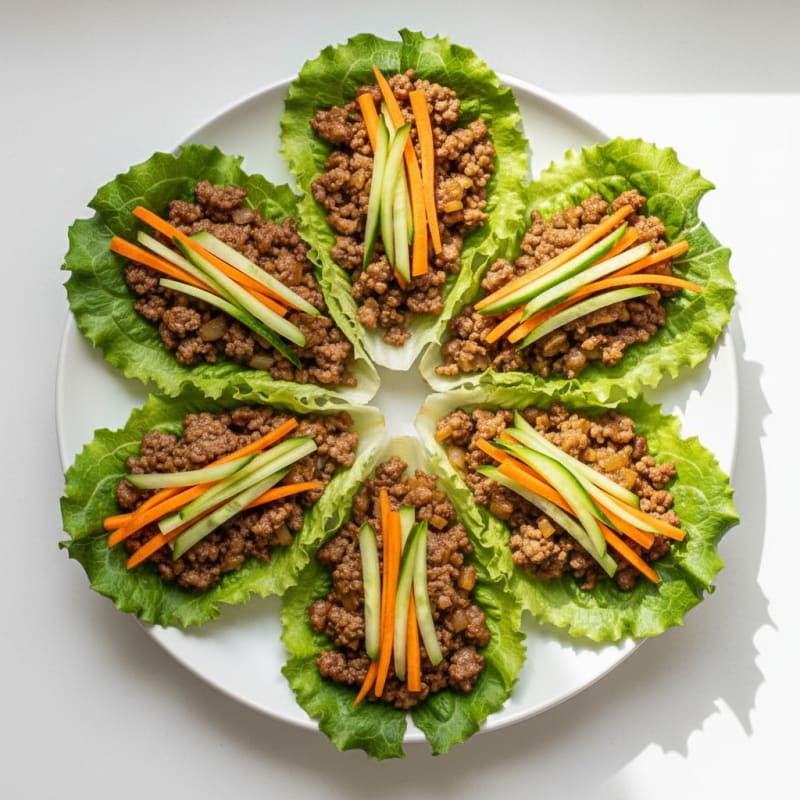 Lean Ground Beef Lettuce Wraps with Shredded Carrots and Cucumber
