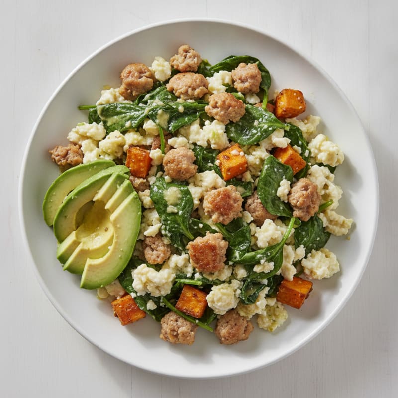 Egg White and Turkey Sausage Scramble with Sautéed Spinach