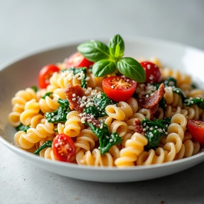 High-Protein Pasta with Creamy Lean Bacon and Fresh Greens